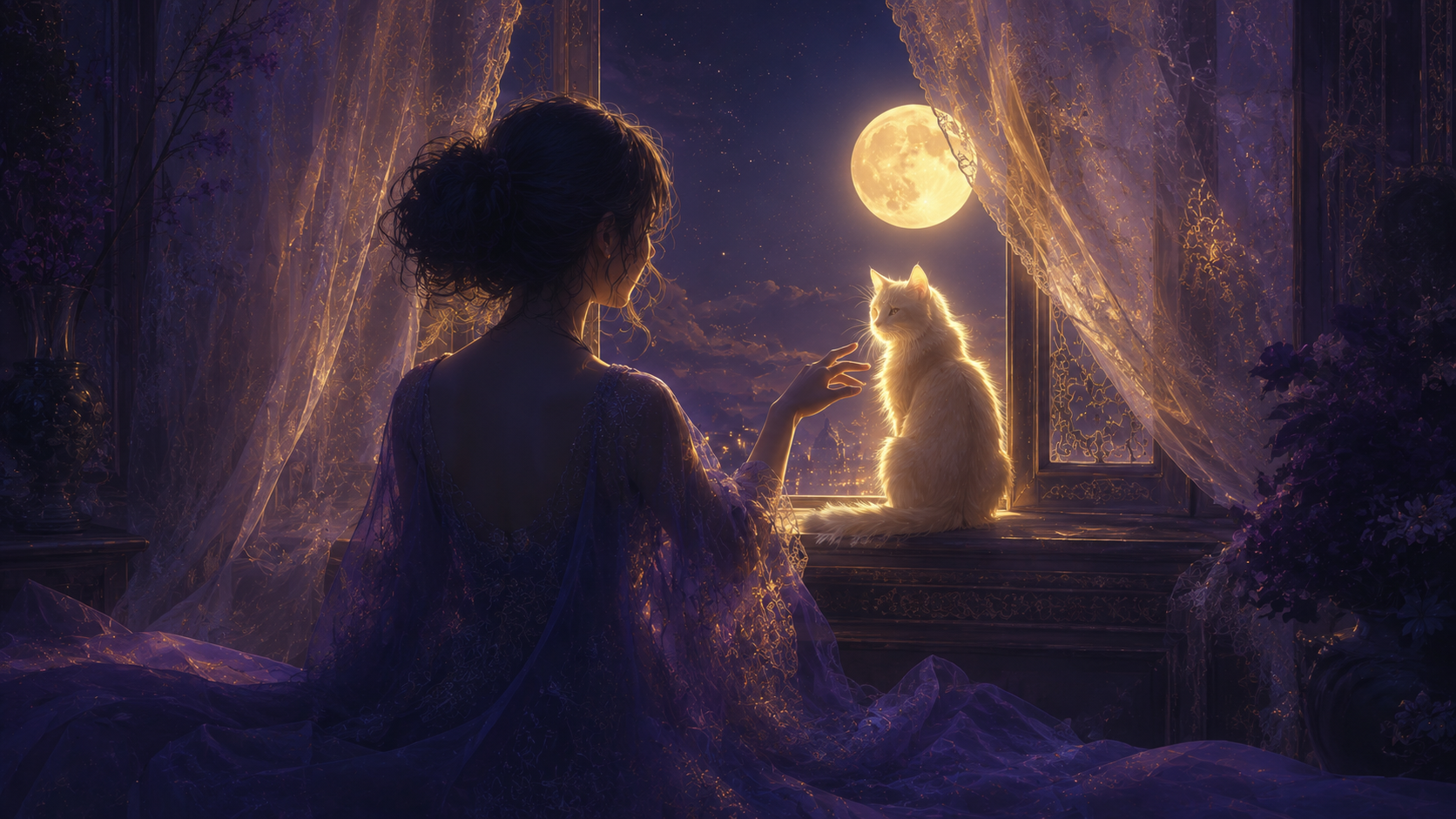Ilustrasi siluet orang di malam hari dengan bayangan kucing lembut, tema mimpi kucing