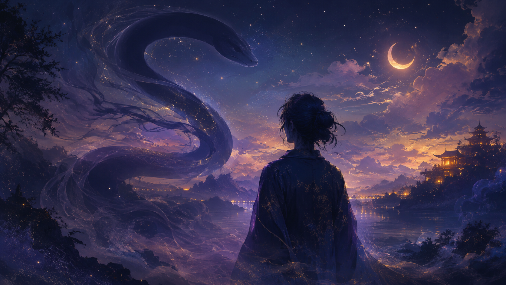 Ilustrasi siluet orang di malam berkabut dengan bayangan ular simbolis, tema mimpi digigit ular