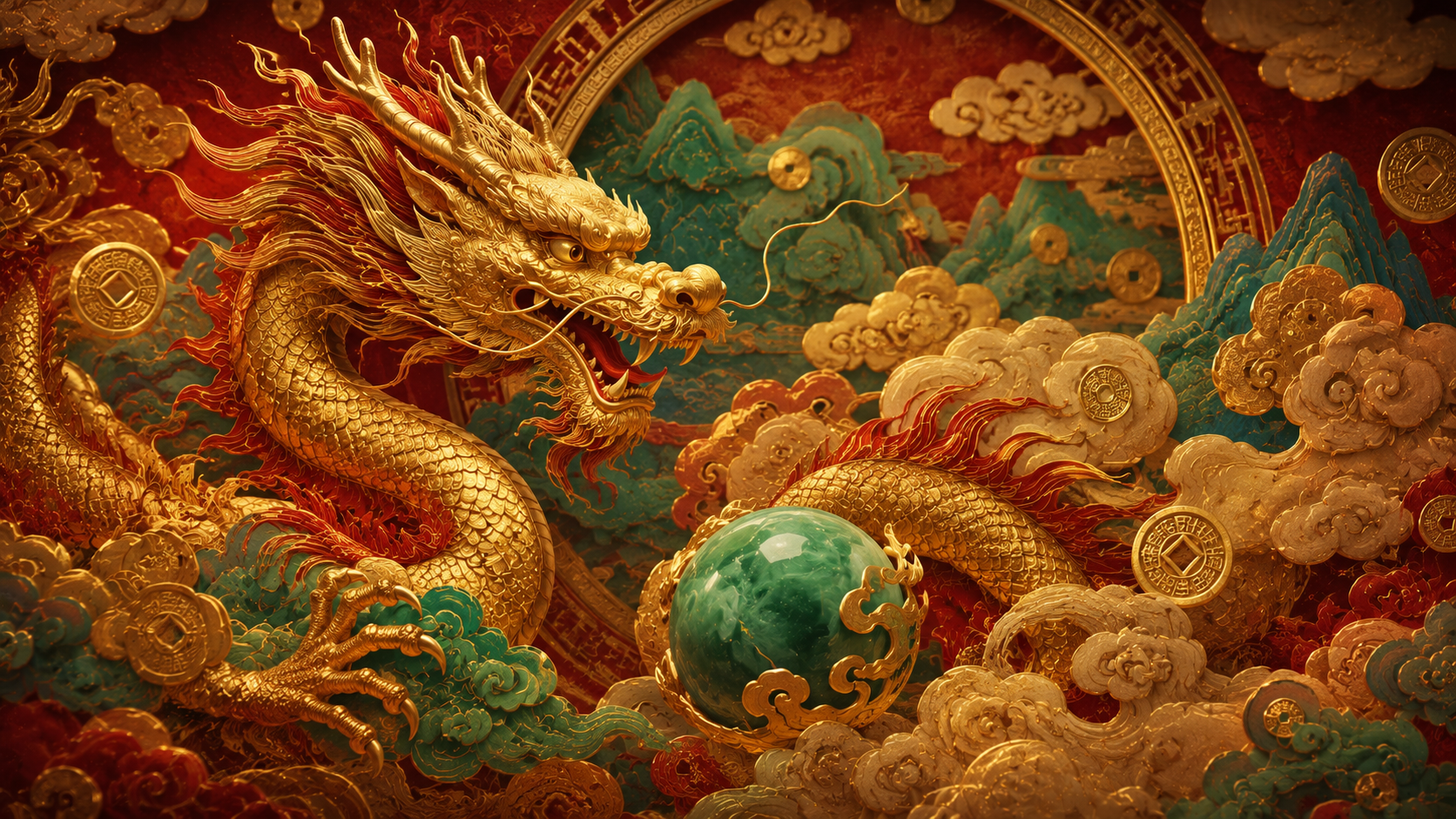 Ilustrasi ornamental motif naga Tionghoa bernuansa merah emas, tema shio Naga