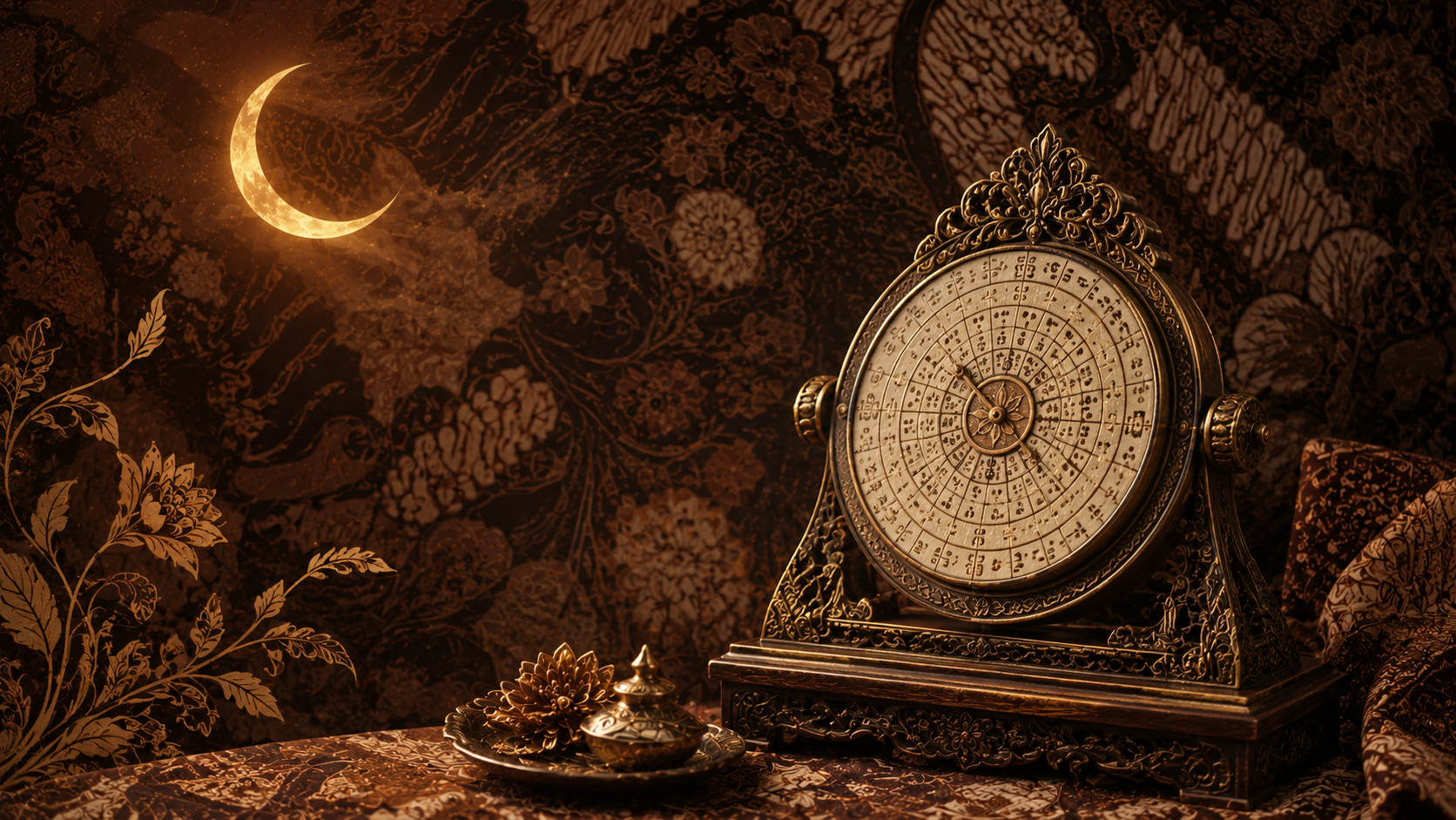 Ilustrasi motif batik dan kalender Jawa bernuansa coklat emas, tema weton Senin Legi